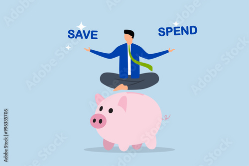 Money decision, Uncertain lady sitting on piggy bank, contemplating decision between saving or spending.