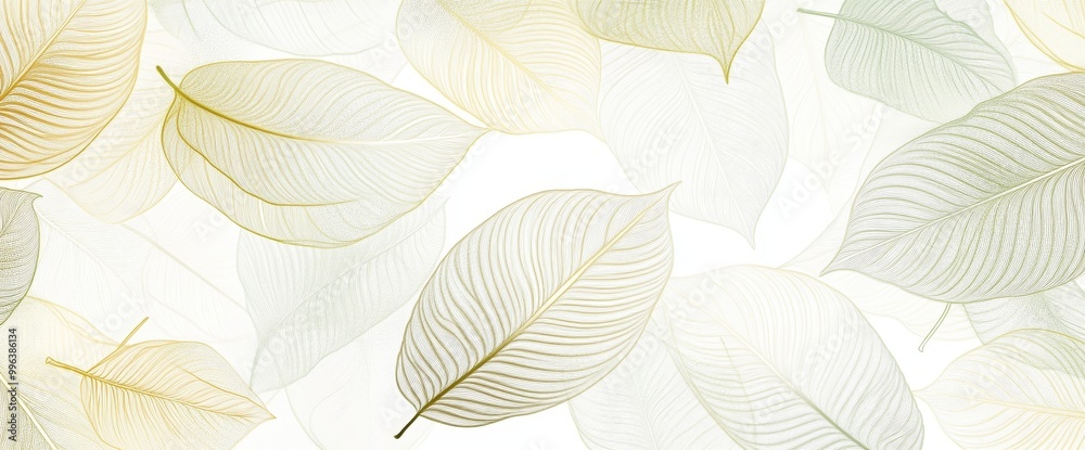 Obraz premium Printed gold foliage background with tropical leaves, leaf branch, and plants in hand drawn patterns. Illustration illustration for banners, prints, decorations, and fabrics.