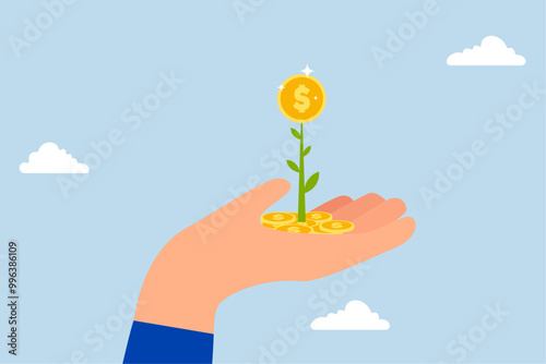 Investment growth, investor businessman is holding a flower plant with money in his hand from a stack of coins.