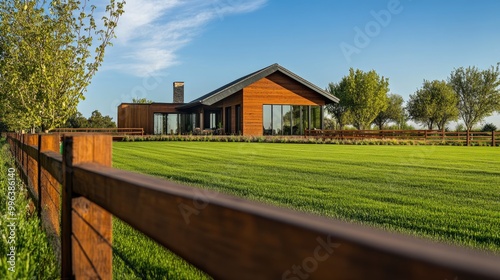 Contemporary Home Surrounded by a Wooden Fence and Well Maintained Lawn in Broad Daylight