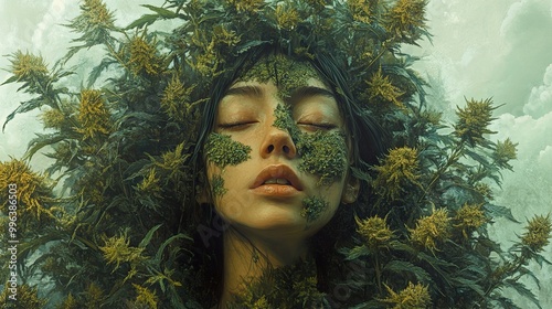 Surreal Portrait of a Woman Surrounded by Green Plants