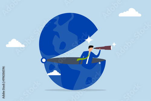 World economic vision, Intelligent entrepreneur unlocks the world with binoculars, seeking a vision for the future.