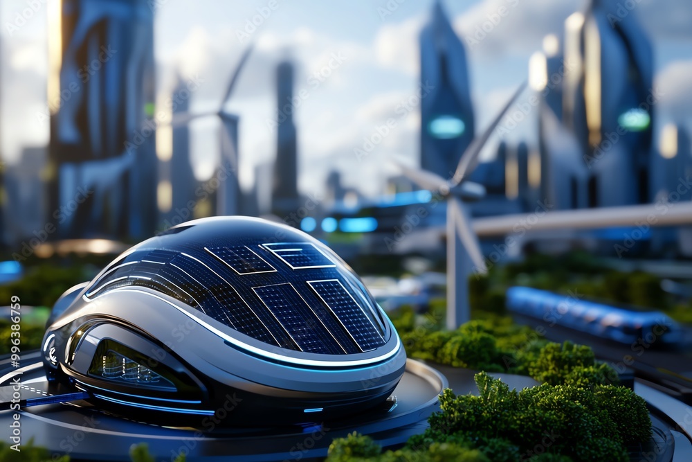 Obraz premium A 3D-rendered scene of a futuristic city powered by renewable energy, with solar panels and wind turbines integrated into every building