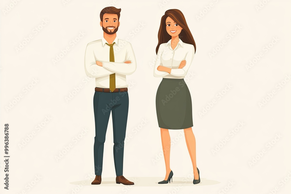 Fototapeta premium Smiling business couple standing. Perfect for illustrating business concepts or articles related to office life, teamwork, and professional success.