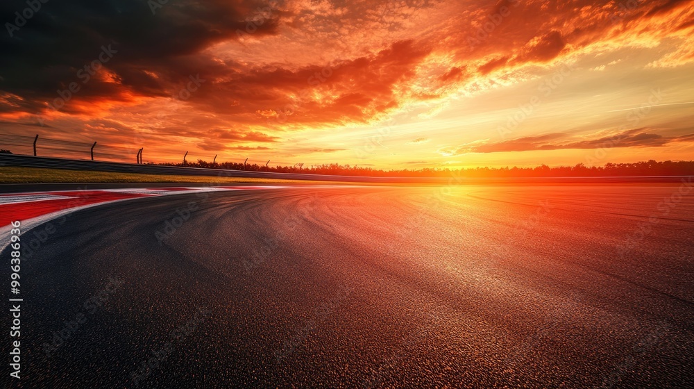 Asphalt racing track under a stunning sunset sky with clouds perfect for sports themed backgrounds Asphalt racing track under a stunning sunset sky with clouds perfect for sports themed backgrounds
