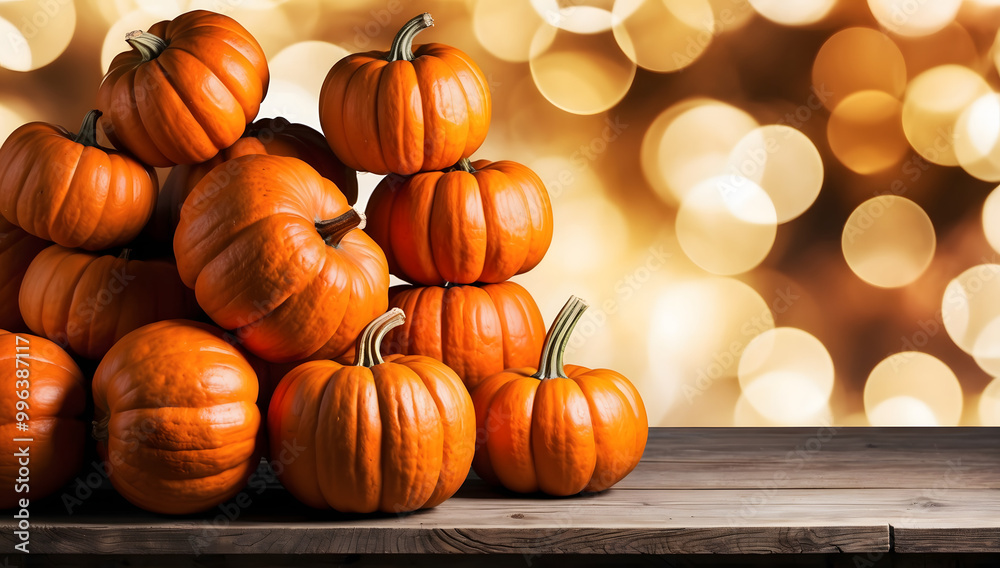 Halloween, vibrant orange pumpkins displayed on a rustic wooden table, set against a bokeh glowing background, creating a festive atmosphere with ample copy space for your text or message. Halloween, vibrant orange pumpkins displayed on a rustic wooden table, set against a bokeh glowing background, creating a festive atmosphere with ample copy space for your text or message.