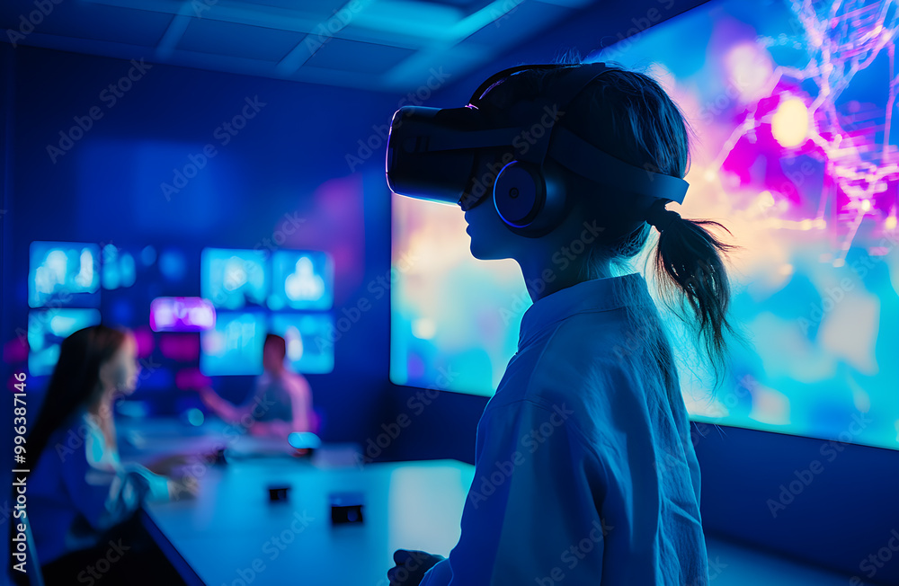 A futuristic scene featuring a woman immersed in virtual reality, wearing a VR headset in a high-tech lab with glowing digital screens in the background. The image conveys advanced technology A futuristic scene featuring a woman immersed in virtual reality, wearing a VR headset in a high-tech lab with glowing digital screens in the background. The image conveys advanced technology