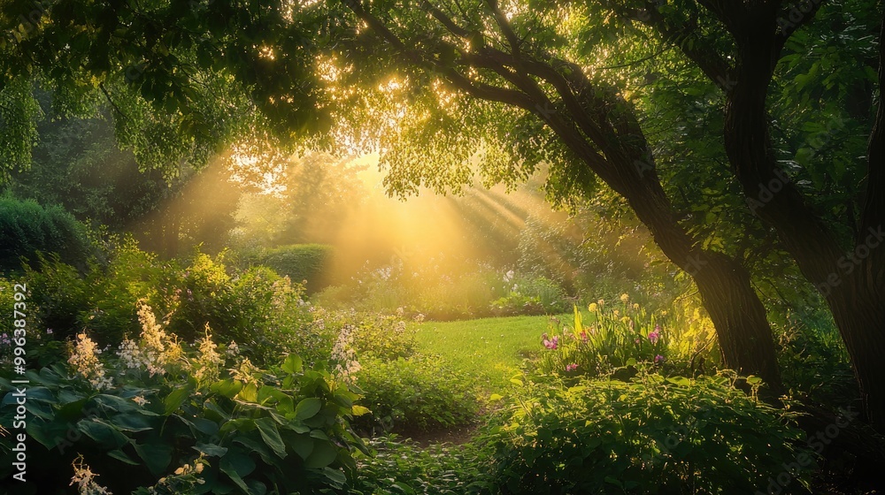 Fototapeta premium A tranquil dawn emerges as soft sunlight streams through the lively green foliage of a flourishing garden signaling the arrival of a new day in springtime