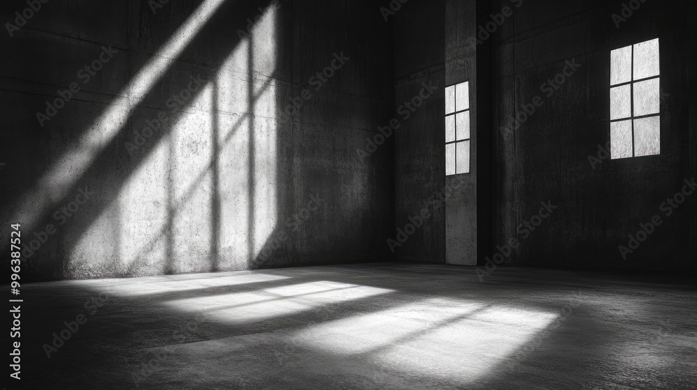 Vacant interior of a dark concrete room illuminated by window light Vacant interior of a dark concrete room illuminated by window light