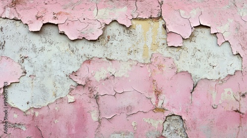 Weathered wall featuring pink cracked paint and a textured plaster background photo