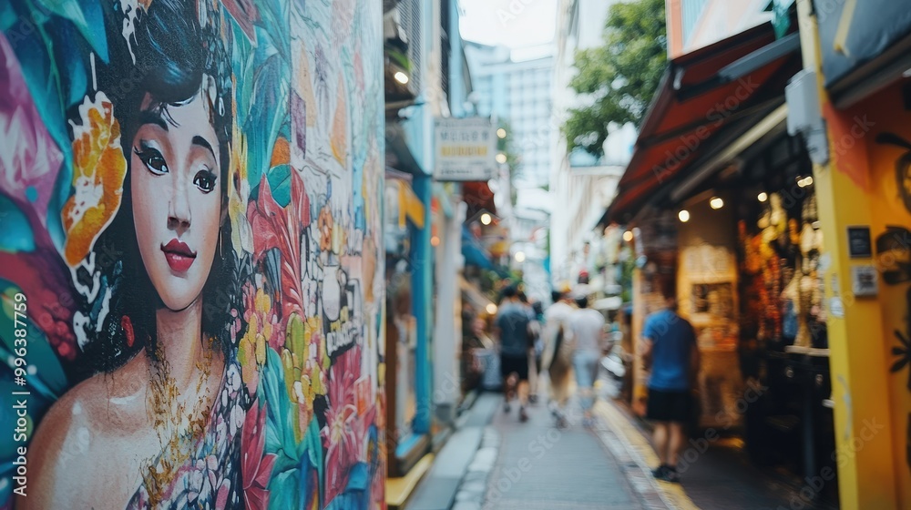 Fototapeta premium A close-up of Haji Lanes colorful street art, with murals and boutique shops lining the narrow alley.