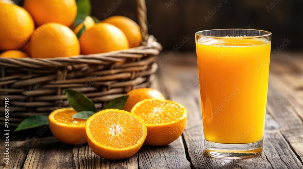 A refreshing glass of freshly squeezed orange juice sits next to a basket full of ripe oranges on a wooden table A refreshing glass of freshly squeezed orange juice sits next to a basket full of ripe oranges on a wooden table