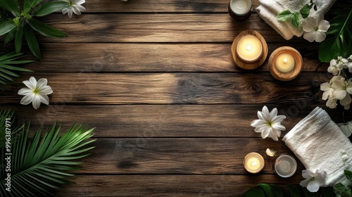 Elegant spa arrangement displayed on a wooden surface featuring various wellness items for a serene and stylish experience