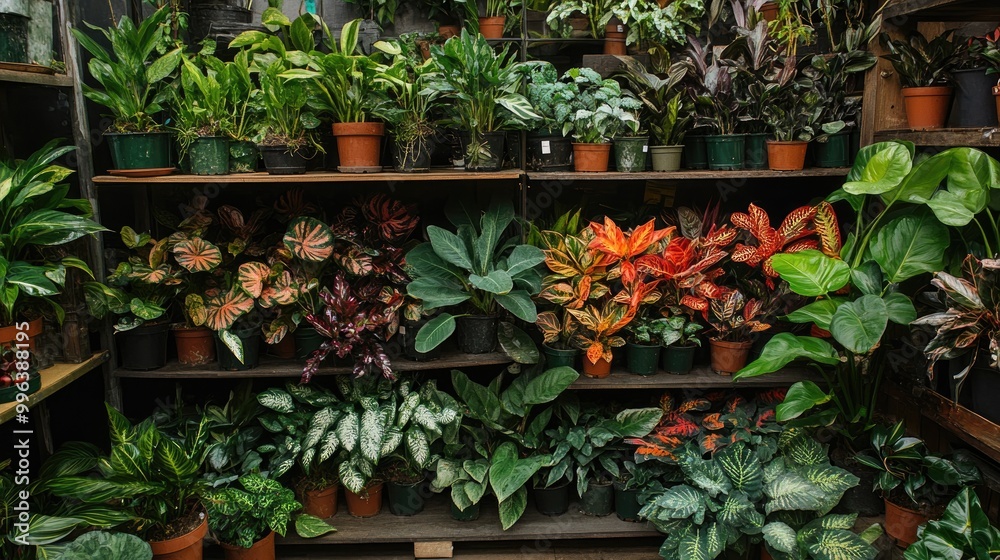 Variety of houseplants displayed on shelves in a plant shop Variety of houseplants displayed on shelves in a plant shop