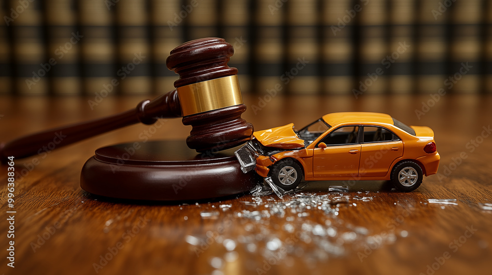 Gavel, car and broken car on wooden table. Law concept Gavel, car and broken car on wooden table. Law concept