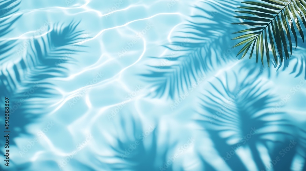 Dynamic water pool texture with soft wave ripples and overlapping tropical leaf shadows against a blue background