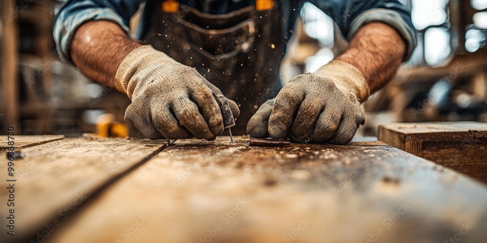 Skilled Craftsmanship, Close-up of hands securing screws, worksite softly blurred in background, gentle illumination enhances focus on labor. Skilled Craftsmanship, Close-up of hands securing screws, worksite softly blurred in background, gentle illumination enhances focus on labor.