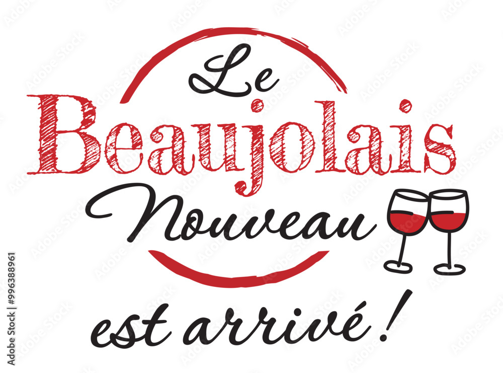 Le Beaujolais Nouveau est arrivé ! - Tonneau et verres de vin qui trinquent - Illustration vectorielle avec fond transparent. Illustration EPS, JPEG, et PNG