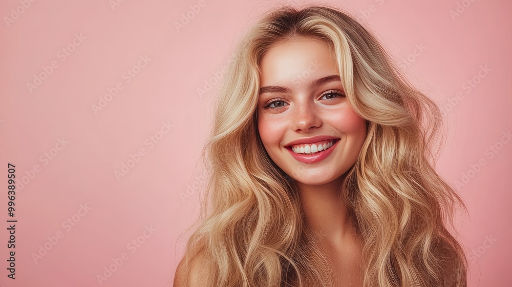Fototapeta premium Smiling woman with long hair. Ideal for beauty and fashion websites or advertisements.