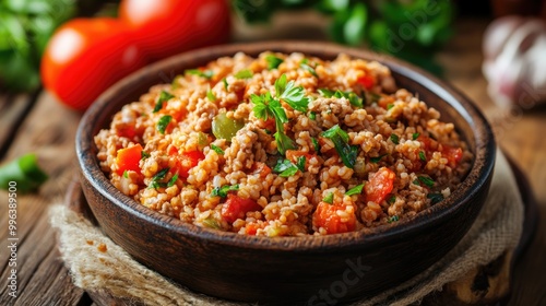 Bulgur with tomatoes mixed vegetables and ground meat
