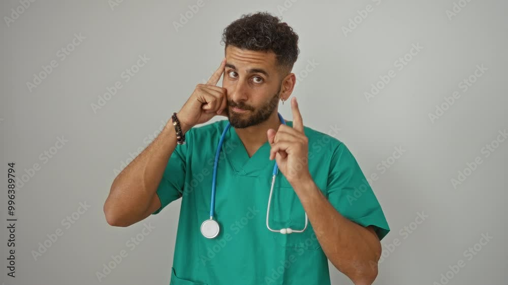 Young hispanic male doctor in green scrubs pointing at the camera while making a thinking gesture, isolated against a white background. Young hispanic male doctor in green scrubs pointing at the camera while making a thinking gesture, isolated against a white background.