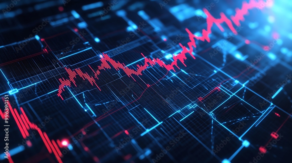 Abstract representation of digital data with dynamic charts and graphs in blue and red tones. Abstract representation of digital data with dynamic charts and graphs in blue and red tones.