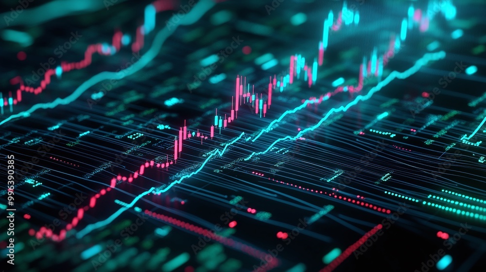 Abstract representation of digital financial data with colorful chart lines on a dark background. Abstract representation of digital financial data with colorful chart lines on a dark background.