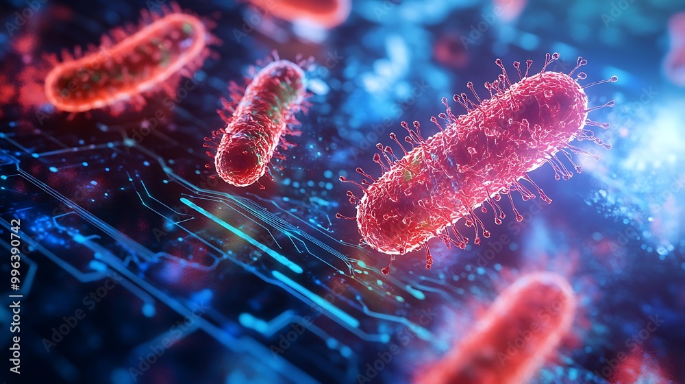 3D Render of Virus Particles Over Abstract Circuit Board. 3D Render of Virus Particles Over Abstract Circuit Board.