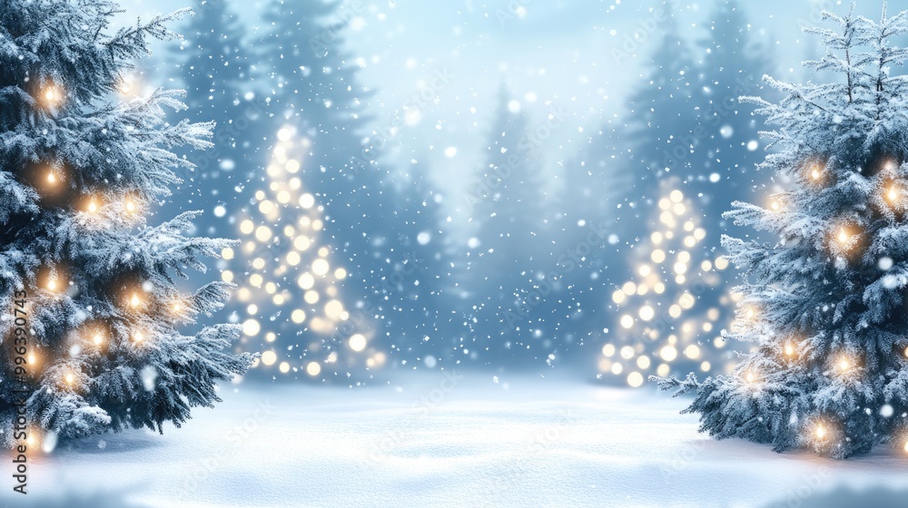 Snowy winter landscape featuring festive lights on trees creating a Christmas atmosphere with ample space for text Snowy winter landscape featuring festive lights on trees creating a Christmas atmosphere with ample space for text