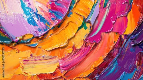 Close up of an abstract textured painting featuring vibrant multicolored patterns created with oil brushstrokes and palette knife techniques showcasing dripping colors photo