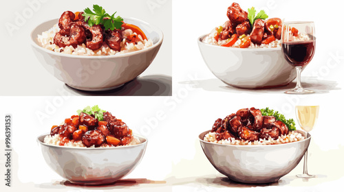 Four different bowls of food with a glass of wine in the background. The bowls are filled with rice, meat, and vegetables. The wine glass is placed on a table, and the bowls are arranged in a row