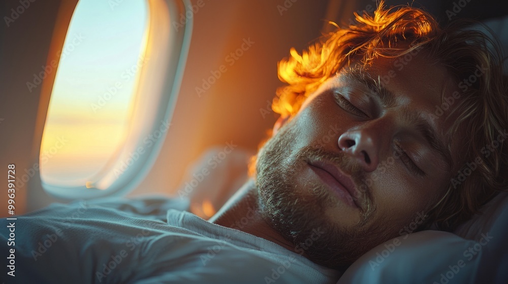 Portrait of handsome young man sleeping while enjoying first class flight in plane. Scandinavian man relaxing in private jet Portrait of handsome young man sleeping while enjoying first class flight in plane. Scandinavian man relaxing in private jet