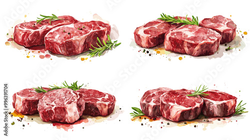 Four different cuts of meat with herbs on top. Concept of freshness and quality, as the herbs add a touch of natural flavor to the meat