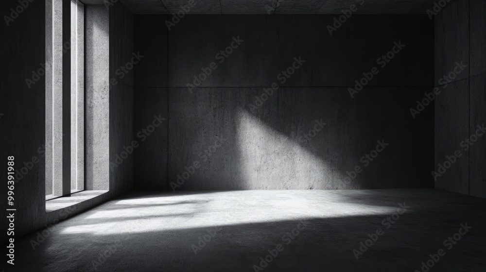 Vacant interior of a dark concrete room illuminated by window light Vacant interior of a dark concrete room illuminated by window light