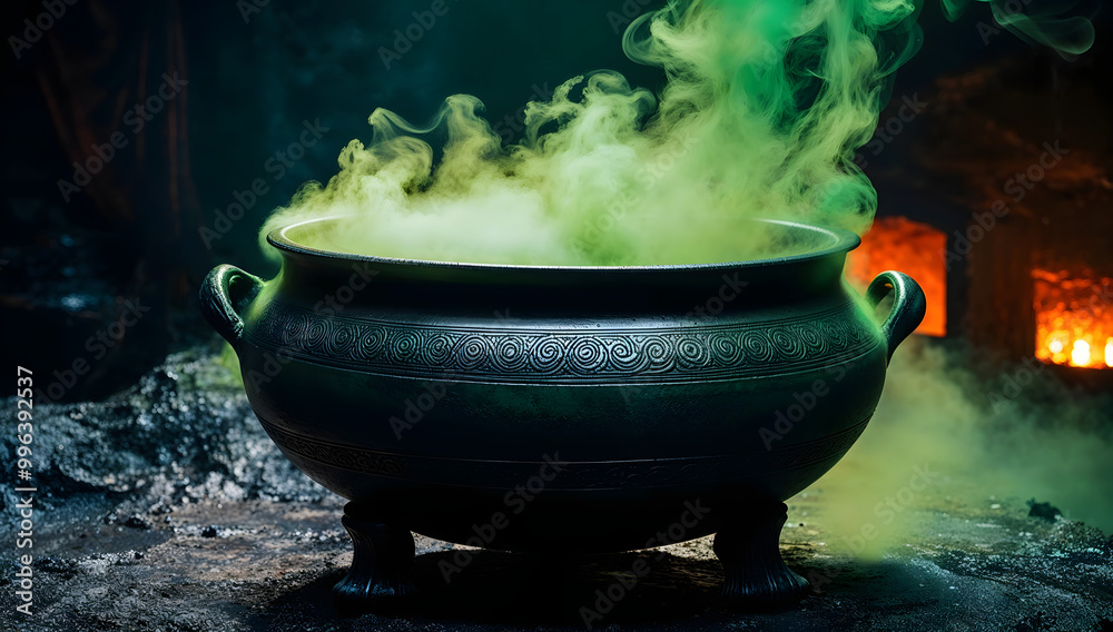 Cauldron with bubbling green glowing potion isolated on a dark foggy background, surrounded by eerie mist. Perfect for spooky Halloween scenes, witches' brew, haunted atmospheres, and magical potions. Cauldron with bubbling green glowing potion isolated on a dark foggy background, surrounded by eerie mist. Perfect for spooky Halloween scenes, witches' brew, haunted atmospheres, and magical potions.