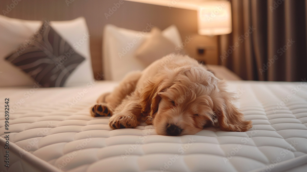 Puppy is sleeping on white mattress in hotel room Puppy is sleeping on white mattress in hotel room