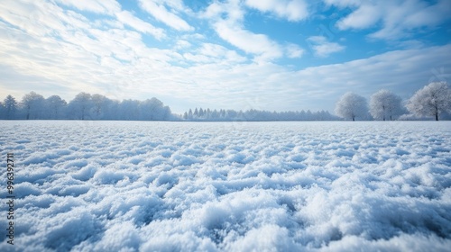 A vast field is blanketed in fresh snow