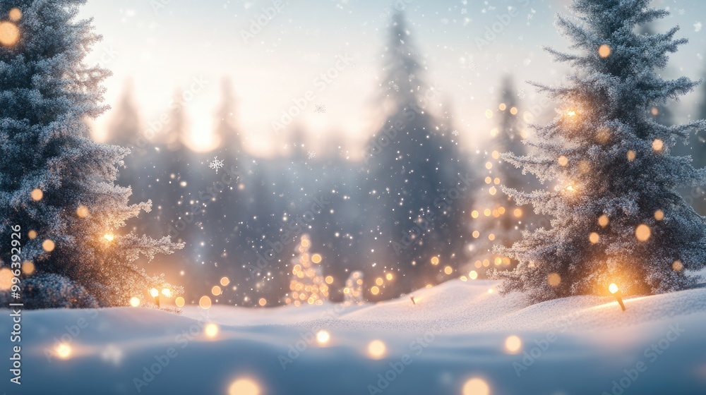 Snowy winter landscape featuring festive lights on trees creating a Christmas atmosphere with ample space for text Snowy winter landscape featuring festive lights on trees creating a Christmas atmosphere with ample space for text
