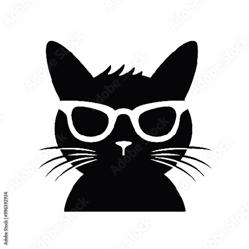 Sunglasses-Wearing Black Cat Silhouette – Black and White Vector Logo, Transparent Background