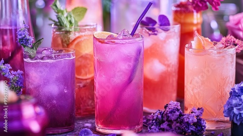 A table displaying an assortment of vibrant beverages featuring shades of pink and purple drinks photo