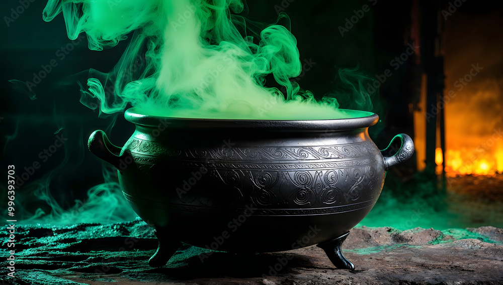 Cauldron with bubbling green glowing potion isolated on a dark foggy background, surrounded by eerie mist. Perfect for spooky Halloween scenes, witches' brew, haunted atmospheres, and magical potions. Cauldron with bubbling green glowing potion isolated on a dark foggy background, surrounded by eerie mist. Perfect for spooky Halloween scenes, witches' brew, haunted atmospheres, and magical potions.