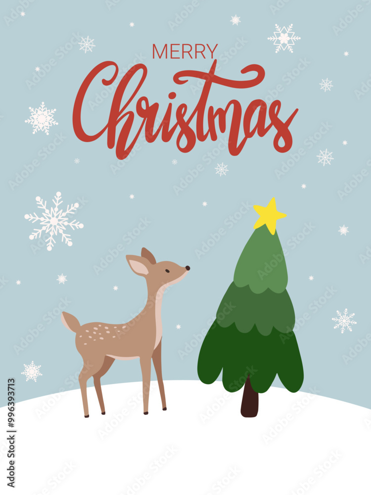 Christmas greeting card with reindeer and christmas tree, vector merry christmas hand drawn lettering Christmas greeting card with reindeer and christmas tree, vector merry christmas hand drawn lettering