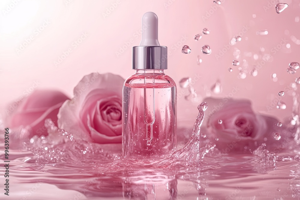 A dropper bottle of rosewater in a pool. Perfect for beauty, skincare, and spa product marketing. A dropper bottle of rosewater in a pool. Perfect for beauty, skincare, and spa product marketing.