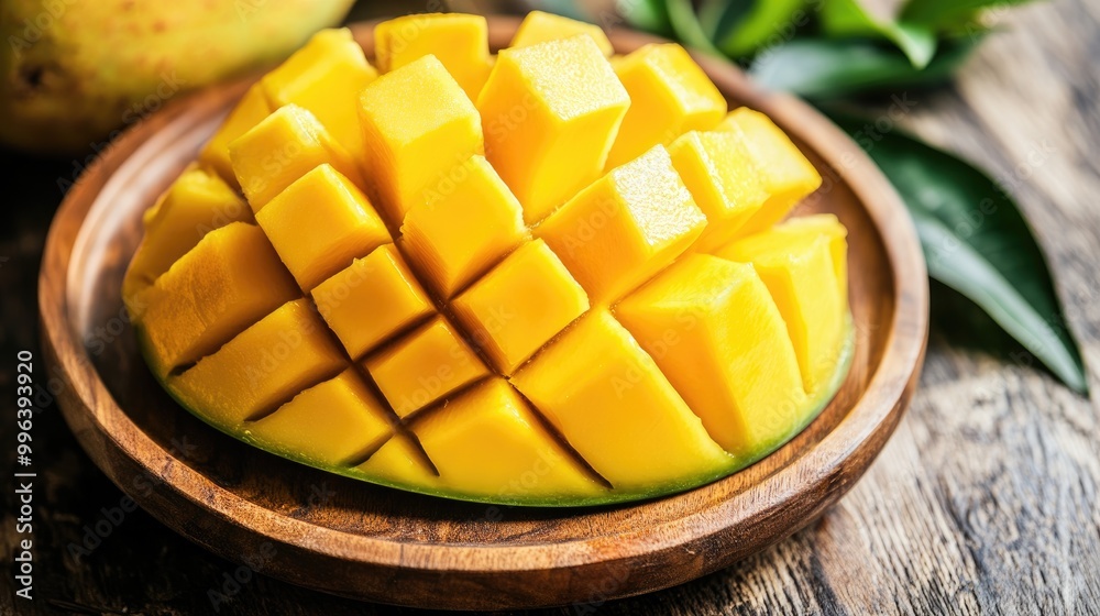 Sliced ripe mango arranged on a wooden plate Sliced ripe mango arranged on a wooden plate