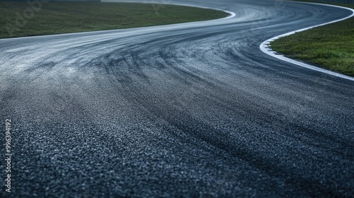 Empty asphalt track featuring a challenging double turn chicane designed for motorsport racing photo