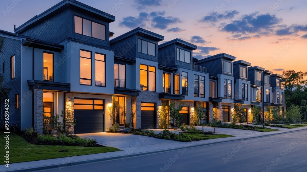 Modern townhouses with glowing windows at dusk in an upscale residential area Modern townhouses with glowing windows at dusk in an upscale residential area