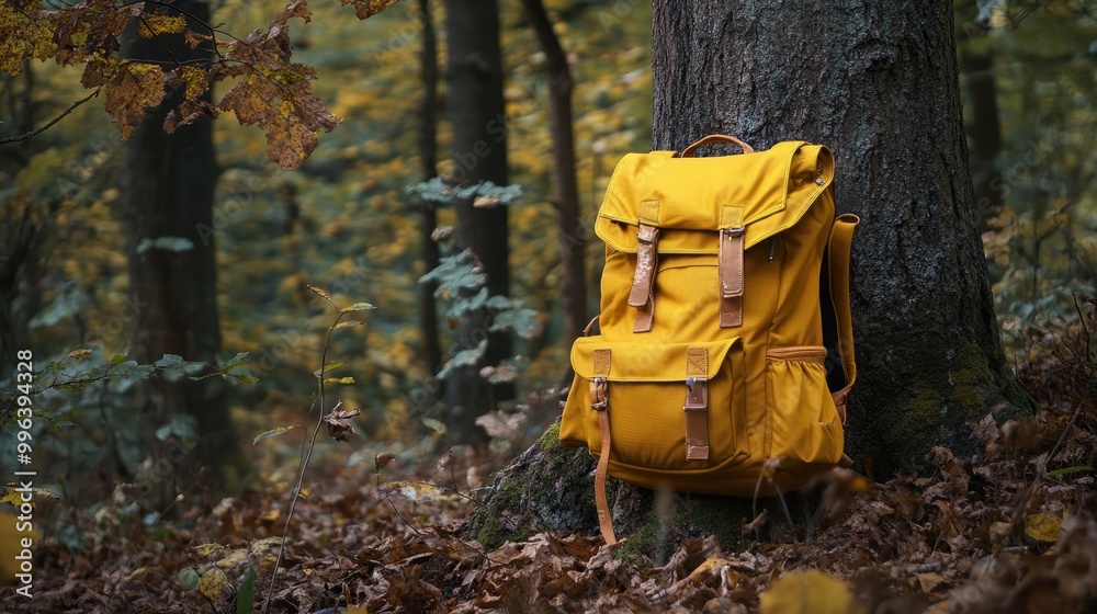Yellow Backpack Leaning Against Tree Trunk Surrounded by Nature Yellow Backpack Leaning Against Tree Trunk Surrounded by Nature