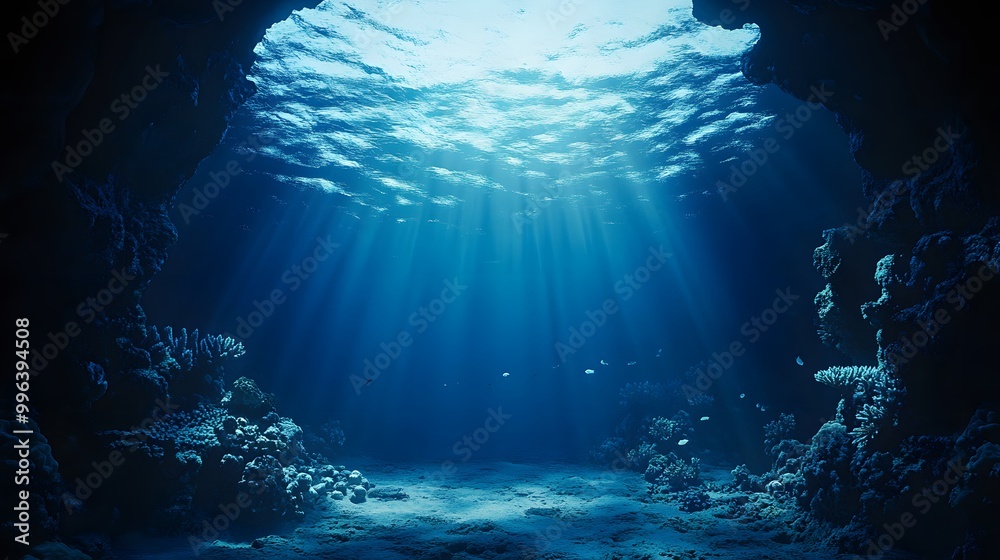 A deep ocean scene with the bottom of an underwater canyon, showcasing dark blue water