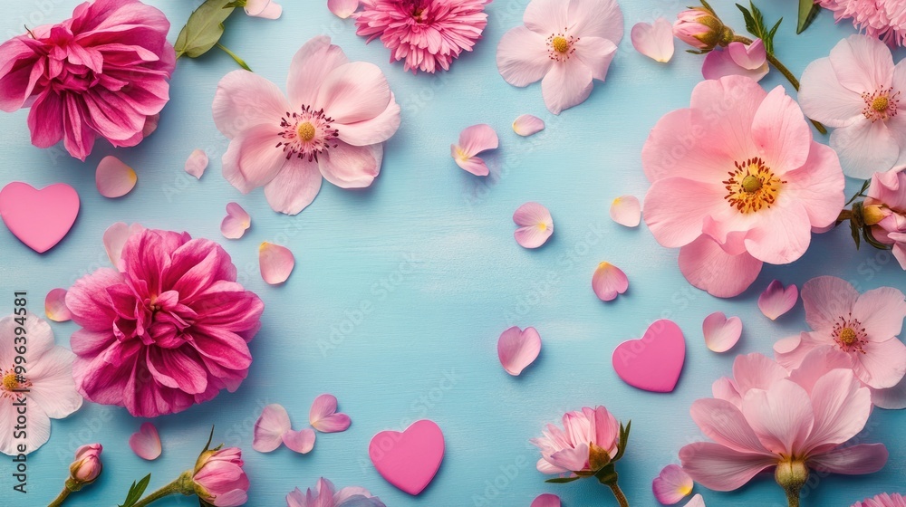 Spring backdrop featuring pink flowers hearts and petals Ideal greeting card design for Women s Day Flat lay composition from above Spring backdrop featuring pink flowers hearts and petals Ideal greeting card design for Women s Day Flat lay composition from above