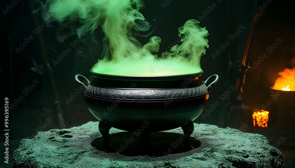 Cauldron with bubbling green glowing potion isolated on a dark foggy background, surrounded by eerie mist. Perfect for spooky Halloween scenes, witches' brew, haunted atmospheres, and magical potions.